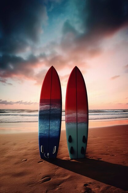 Generatieve AI-illustratie van een levendig gekleurde surfplank die tijdens vakanties vastzit in het zand van een strand