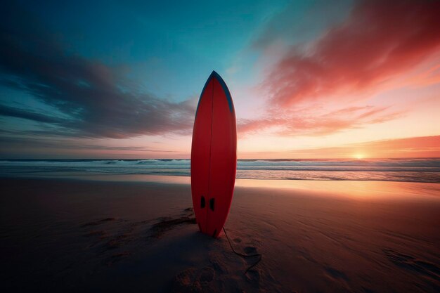 Generatieve AI-illustratie van een levendig gekleurde surfplank die tijdens vakanties vastzit in het zand van een strand