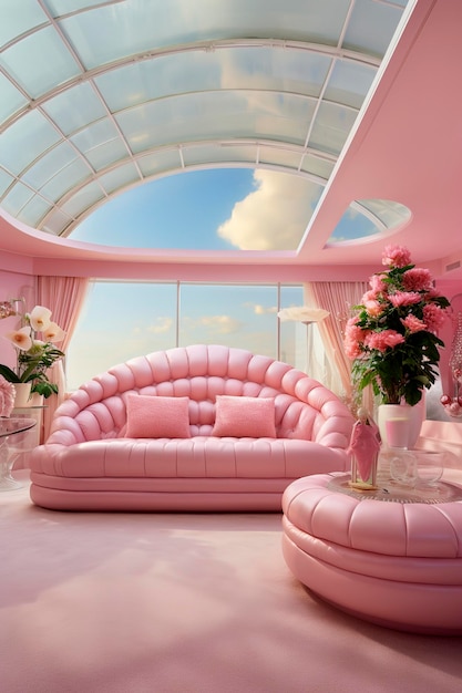 Generatieve AI-illustratie van een luxe Barbie roze woonkamer met grote ramen Luxe interieurontwerp