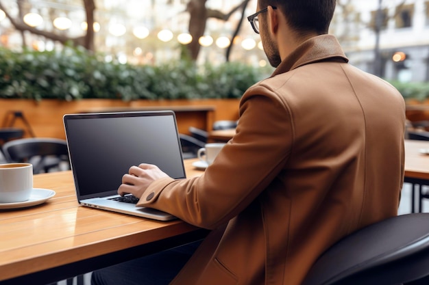 Generatieve AI-illustratie van een man van achteren die werkt met een laptop met een mockup-stijl scherm