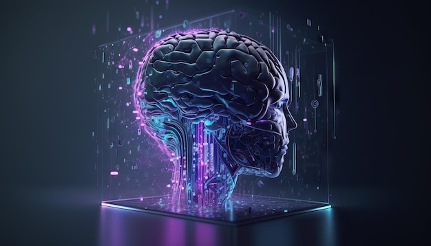 Generatieve AI illustratie van een menselijk brein in digitaal hologram Kunstmatige intelligentie concept