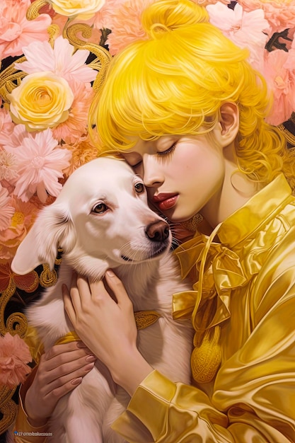 Generatieve AI-illustratie van een mooi meisje met een hond omgeven door bloemen met gekleurde achtergronden Illustratiestijl Digitale kunst