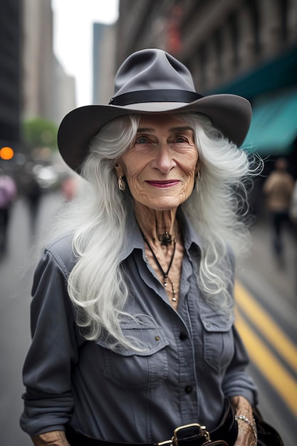 Generatieve AI-illustratie van een mooie 60-jarige vrouw met grijs haar in de straten van New York