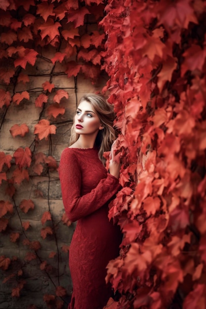 Generatieve AI-illustratie van een mooie jonge blanke vrouw met een achtergrond van rode bladeren in herfstkleuren gekleed in de nieuwste mode