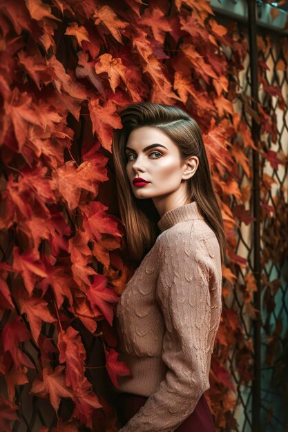 Generatieve AI-illustratie van een mooie jonge blanke vrouw met een achtergrond van rode bladeren in herfstkleuren gekleed in de nieuwste mode