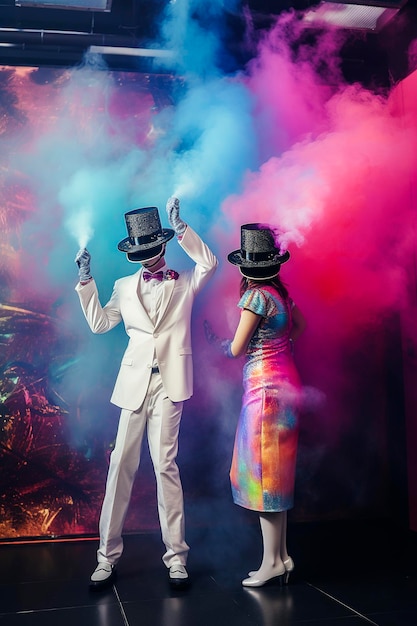 Generatieve AI illustratie van een paar man en vrouw kunstmatige intelligentie halfmenselijke robots verliefd gekleed in de laatste mode met hoed dansend in een trendy nachtclub