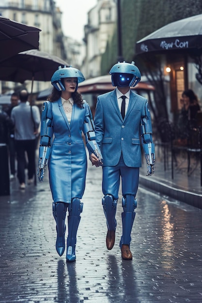 Generatieve AI illustratie van een paar man en vrouw kunstmatige intelligentie robots verliefd gekleed in trendy pakken met zonnebril, hoed en paraplu die door de straten lopen