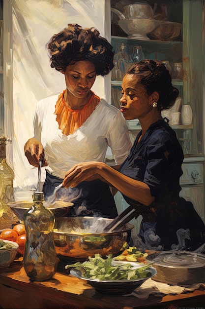 Generatieve AI-illustratie van een paar mooie zwarte vrouwen die samen koken in een klassieke keuken Illustratiestijl Digitale kunst