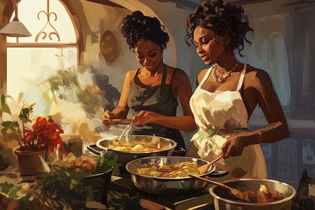 Generatieve AI-illustratie van een paar mooie zwarte vrouwen die samen koken in een klassieke keuken Illustratiestijl Digitale kunst