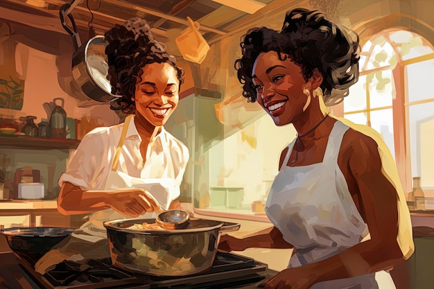 Generatieve AI-illustratie van een paar mooie zwarte vrouwen die samen koken in een klassieke keuken Illustratiestijl Digitale kunst