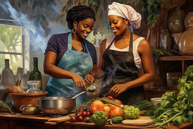 Generatieve AI-illustratie van een paar mooie zwarte vrouwen die samen koken in een klassieke keuken Illustratiestijl Digitale kunst