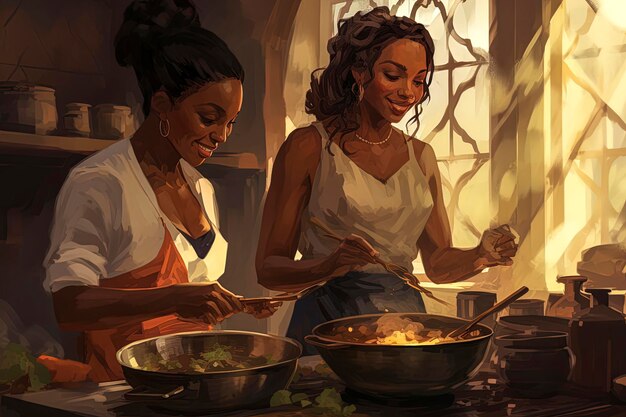 Generatieve AI-illustratie van een paar mooie zwarte vrouwen die samen koken in een klassieke keuken Illustratiestijl Digitale kunst