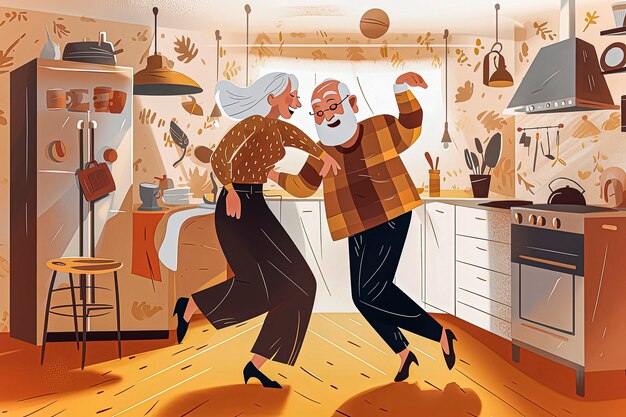 Generatieve AI-illustratie van een paar oude mensen die dansen en genieten van het leven in de keuken