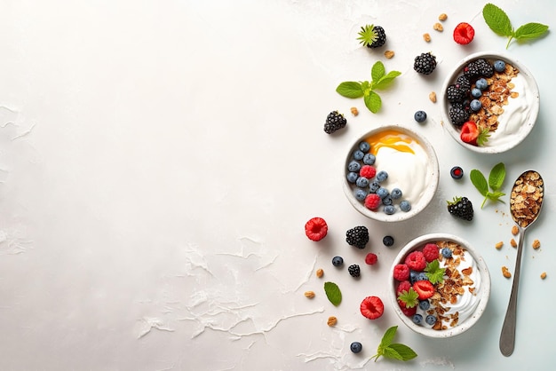 Foto generatieve ai-illustratie van een platte lay met geserveerde schalen met heerlijke yoghurt en granola met bessen op witte achtergrond