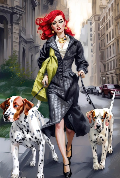 Generatieve AI-illustratie van een prachtig roodharig meisje van 20 jaar oud, modieus gekleed in de straten van New York terwijl ze verschillende honden van het Dalmata-ras uitlaat