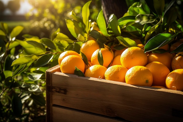 Generatieve AI-illustratie van een veld met sinaasappelbomen in het oogstseizoen Gezond fruit met vitaminen