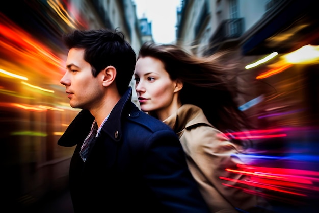 Generatieve AI-illustratie van een verliefd stel van middelbare leeftijd dat met een gevoel van beweging door de straten van de stad loopt