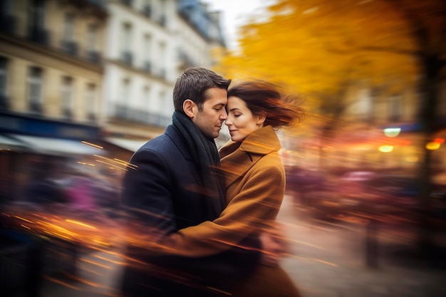 Generatieve AI-illustratie van een verliefd stel van middelbare leeftijd dat met een gevoel van beweging door de straten van de stad loopt