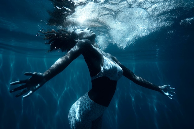 Generatieve ai-illustratie van een vrouw die onder water in de oceaan zwemt