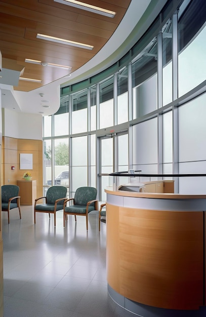 Generatieve AI-illustratie van een wachtkamer van een medische kliniek met modern meubilair en natuurlijk licht dat door het raam naar binnen valt