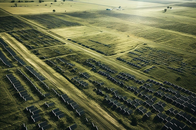 Generatieve AI-illustratie van een zonnepaneelboerderij van bovenaf gezien voor schone energie Hernieuwbare energie om de planeet te redden