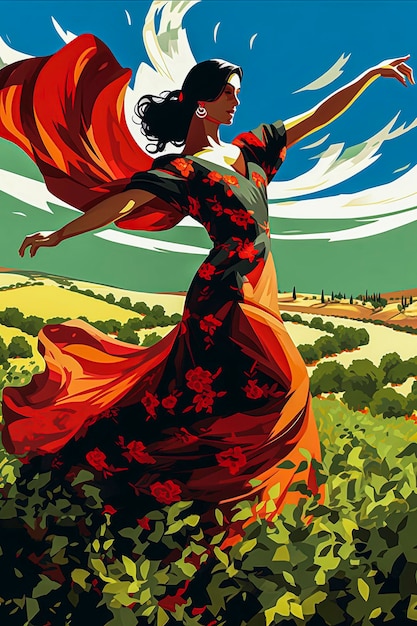 Generatieve AI-illustratie van flamencodanseres op Andalusische landschapsachtergrond Stijlillustratie Typisch Spaans