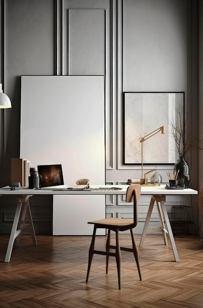 Generatieve AI-illustratie van Frame wit mockup gestut op een tafel in een kunststudio met natuurlijk licht