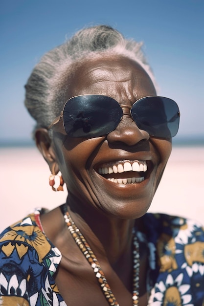 Generatieve AI-illustratie van gelukkige Afrikaanse senior zwarte vrouw die plezier heeft glimlachend in de camera op het strand
