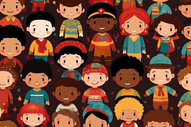 Generatieve ai-illustratie van gelukkige multiraciale kinderen op kleurrijke achtergronden illustratiestijl digitale kunst