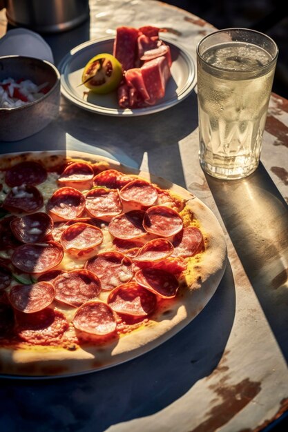 Generatieve AI-illustratie van heerlijke salami-pizza op een tafel op het terras van een strandbar Italiaans eten