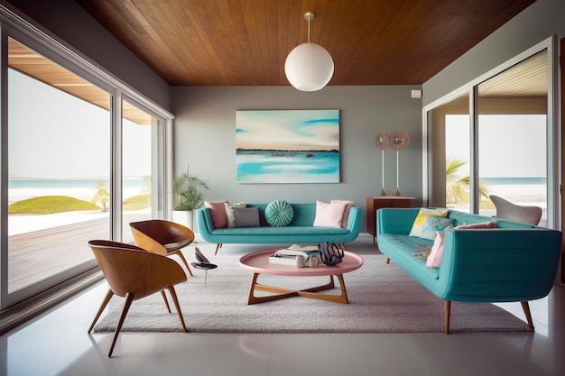 Generatieve AI-illustratie van het moderne interieur van een villa aan het strand uit het midden van de eeuw