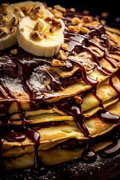 Generatieve AI-illustratie van Homemade Sweet Banana Crepes Dessert met Nutella op donkere achtergrond