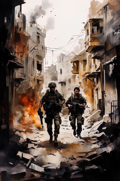 Generatieve AI-illustratie van Israëlische soldaten die in de Gazastrook patrouilleren tussen ruïnes van bommen en het afvuren van de Israëlische oorlog