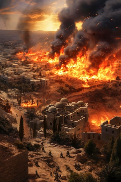 Generatieve Ai-illustratie van Israëlische soldaten omringd door ruïnes van bombardementen en brand in de Palestijnse Israëloorlog