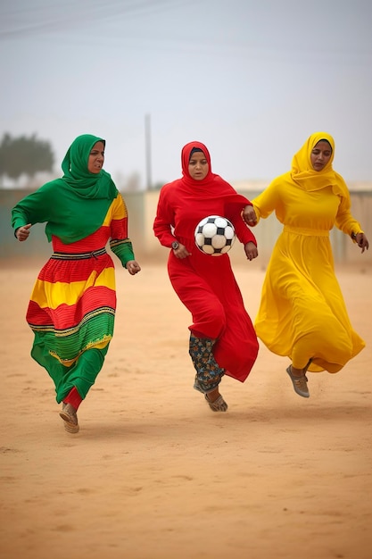 Generatieve AI-illustratie van jonge Arabische meisjes gekleed in djellaba en hijab die voetballen