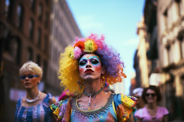Generatieve AI-illustratie van jonge drag queen in kleurrijke pruik en kleding met extravagante heldere m