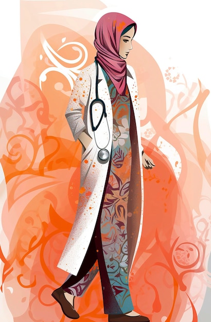 Generatieve AI illustratie van jonge moslimvrouw arts met hijab stethoscoop en werkuniform