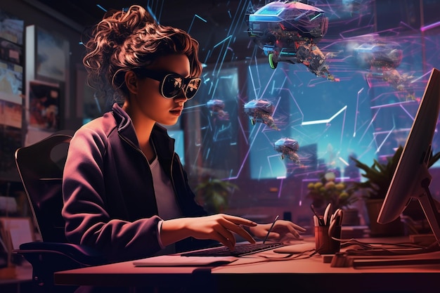Generatieve AI-illustratie van jonge vrouw in een kantoor dat met een virtuele bril werkt