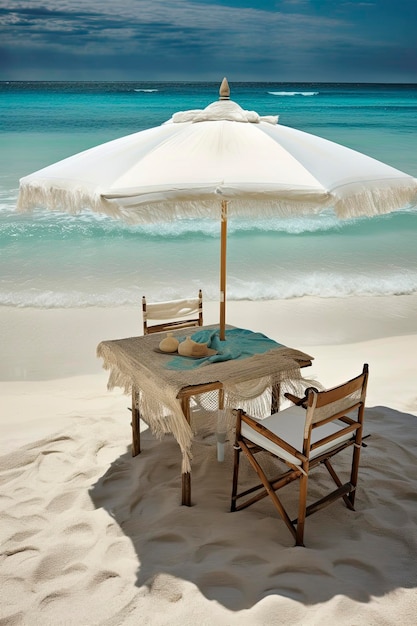 Generatieve AI illustratie van Lonely paraplu op het strand met tafel op het zand en twee stoelen