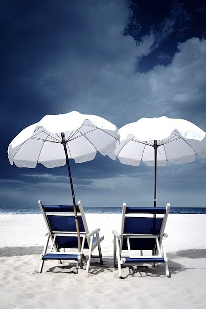 Generatieve AI illustratie van Lonely paraplu op het strand met tafel op het zand en twee stoelen