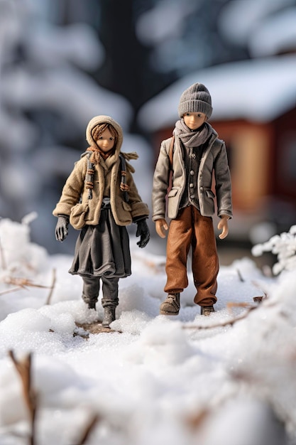 Generatieve AI-illustratie van miniatuurpaar dat winterkleren draagt in het besneeuwde landschap Winterconcept