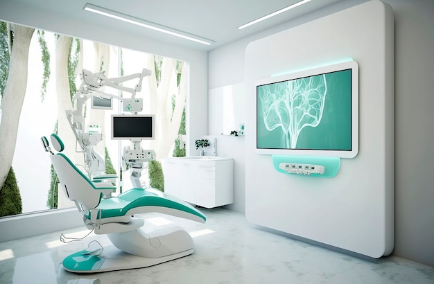 Generatieve AI-illustratie van moderne en futuristische tandheelkundige kliniek met alle technische vooruitgang