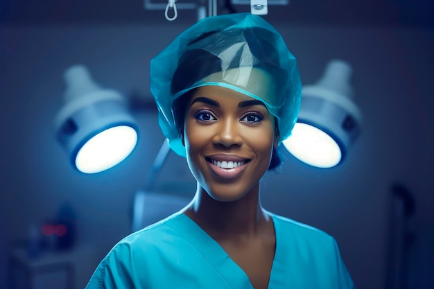 Generatieve AI illustratie van mooie jonge zwarte vrouwelijke chirurgen in de operatiekamer van een ziekenhuis