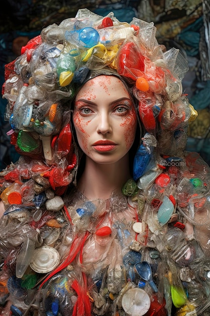 Generatieve AI-illustratie van mooie vrouwen omringd door afval en niet-gerecycleerd plastic