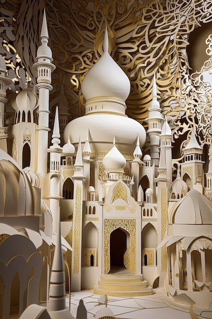 Generatieve AI-illustratie van moslim is in de stijl van papiersculpturen donkergrijs en goud met Byzantijnse inspiratie
