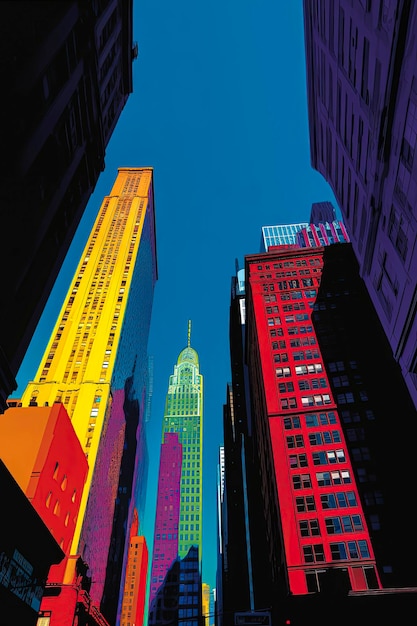 Generatieve AI-illustratie van New Yorkse gebouwen van onderaf gezien in felle kleuren