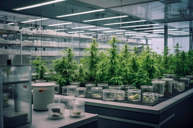 Generatieve AI-illustratie van ontwikkelingslaboratorium voor medicinale cannabis met de nieuwste technologie