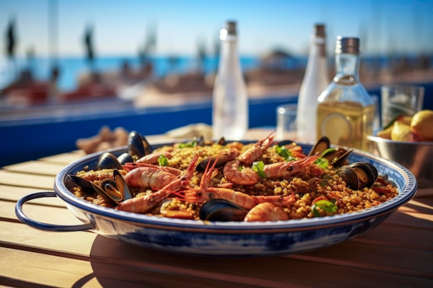 Generatieve AI-illustratie van paella rijst met zeevruchten op de tafel van een strandbar met uitzicht op de zee Typisch Spaans eten