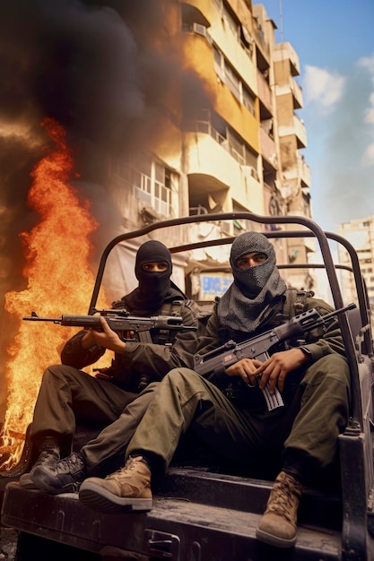 Foto generatieve ai-illustratie van palestijnse guerrilla's in de israëlische oorlog, gewapend en rijdend in een busje met een achtergrond van vuur en vernietiging israëlische oorlog