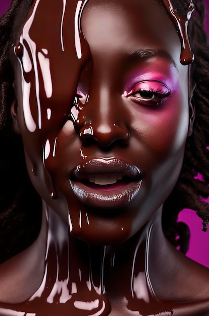 Generatieve AI illustratie van Portret van een mooi zwart meisje met smeltende chocolade op haar gezicht